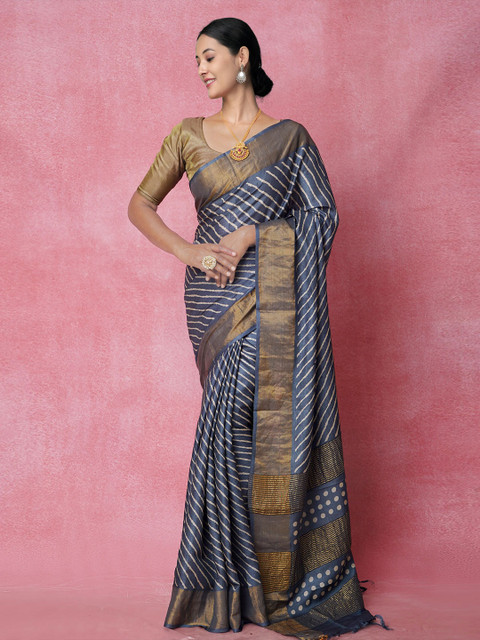 

Unnati Silks Blue & White Leheriya Zari Pure Silk Bengal Tussar Saree