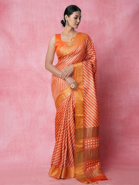 

Unnati Silks Orange & Gold-Toned Striped Zari Pure Silk Tussar Saree