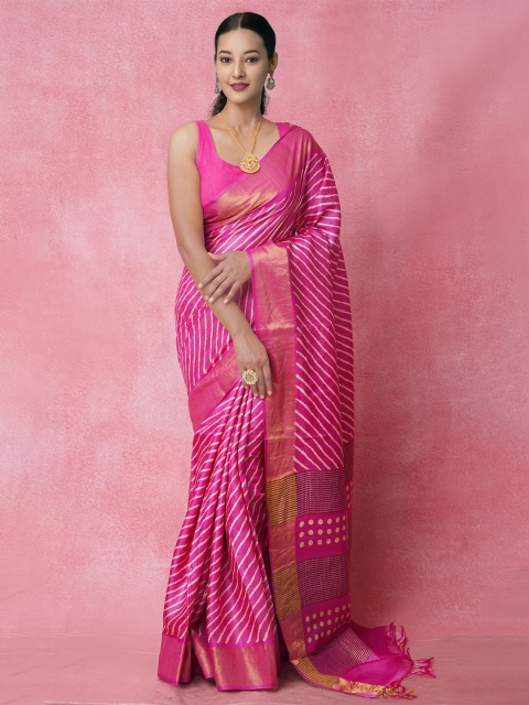 

Unnati Silks Pink & Gold-Toned Handloom Sustainable Striped Zari Pure Silk Tussar Saree
