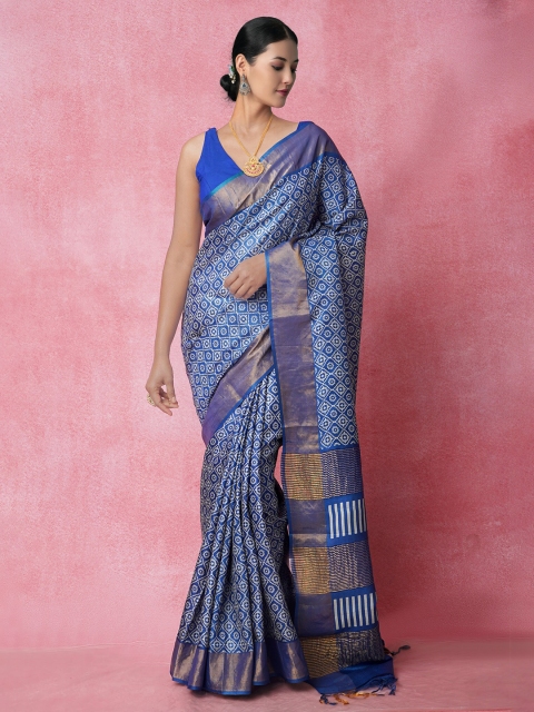 

Unnati Silks Navy Blue & White Ethnic Motifs Zari Pure Silk Tussar Saree