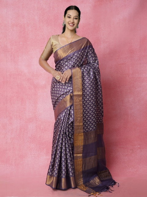 

Unnati Silks Violet & White Ethnic Motifs Printed Zari Pure Silk Tussar Saree
