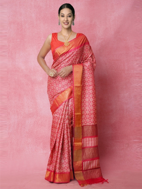 

Unnati Silks Red Pure Handloom Sustainable Bengal Tussar Silk Saree