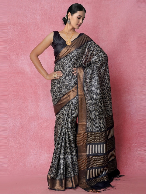 

Unnati Silks Black Ethnic Motifs Zari Pure Silk Tussar Saree