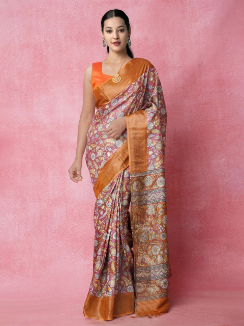 

Unnati Silks Pink & Gold-Toned Ethnic Motifs Zari Pure Silk Tussar Saree
