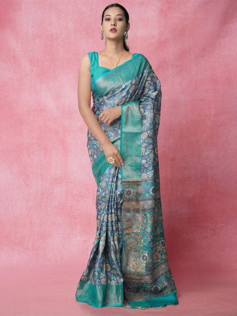 

Unnati Silks Blue Ethnic Motifs Zari Printed Pure Silk Tussar Saree