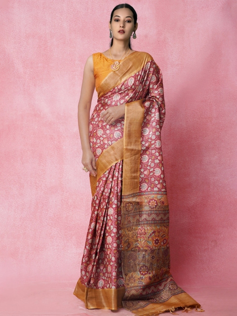 

Unnati Silks Maroon & White Ethnic Motifs Zari Pure Silk Tussar Saree
