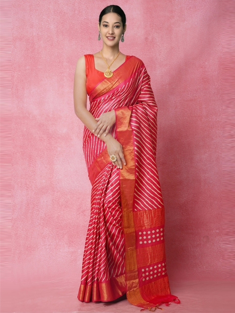 

Unnati Silks Red & White Leheriya Zari Pure Silk Tussar Saree