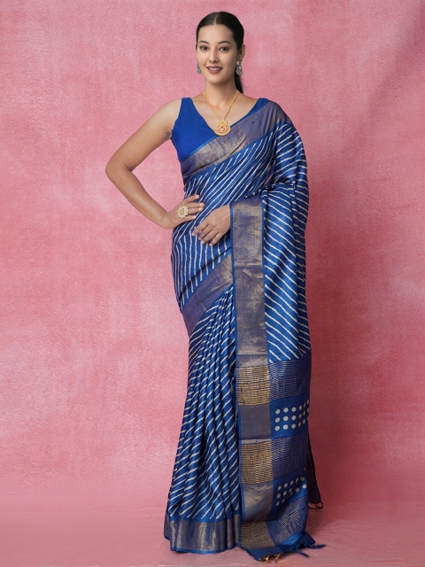 

Unnati Silks Navy Blue & White Ethnic Motifs Zari Printed Pure Silk Tussar Saree