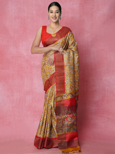 

Unnati Silks Yellow & Red Ethnic Motifs Handloom & Sustainable Zari Pure Silk Tussar Saree