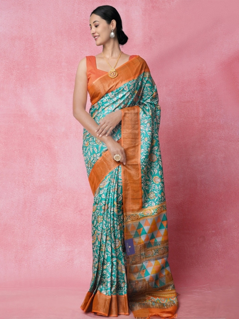 

Unnati Silks Green & Orange Ethnic Motifs Zari Pure Silk Tussar Saree