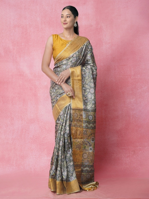 

Unnati Silks Green & White Ethnic Motifs Printed Zari Pure Silk Tussar Saree