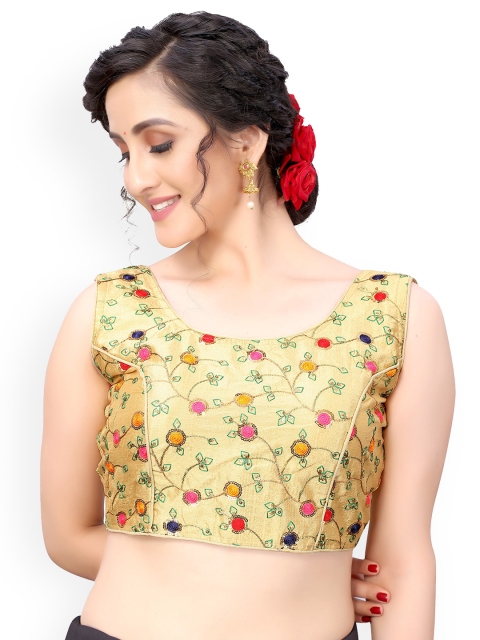 

Nimayaa Golden & Pink Floral Embroidered Padded Silk Blend Saree Blouse, Gold