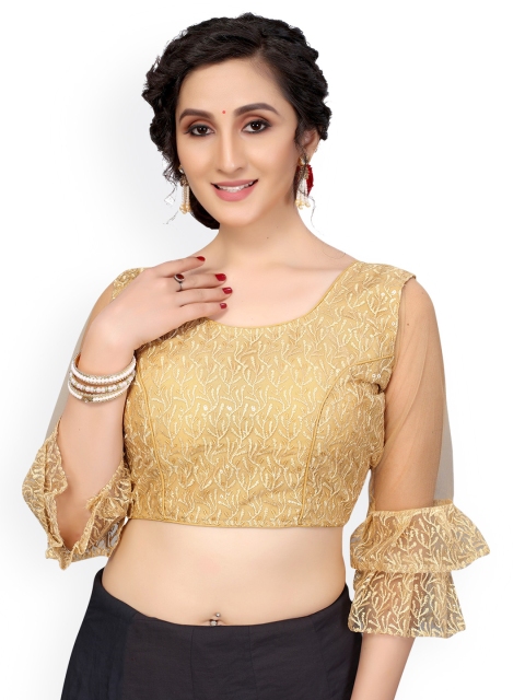 

Nimayaa Gold-Toned Embroidered Readymade Padded Net Saree Blouse