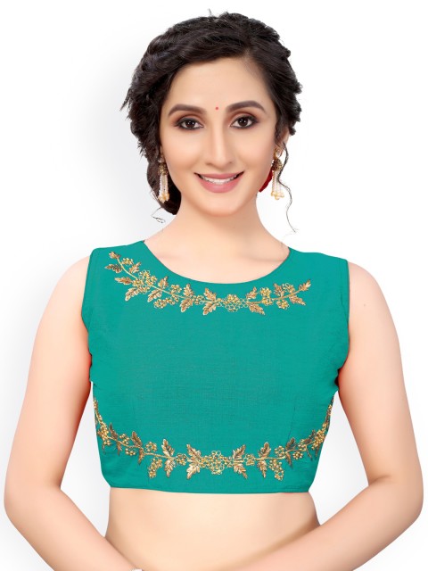 

Nimayaa Turquoise Blue & Gold-Coloured Embroidered Readymade Saree Blouse