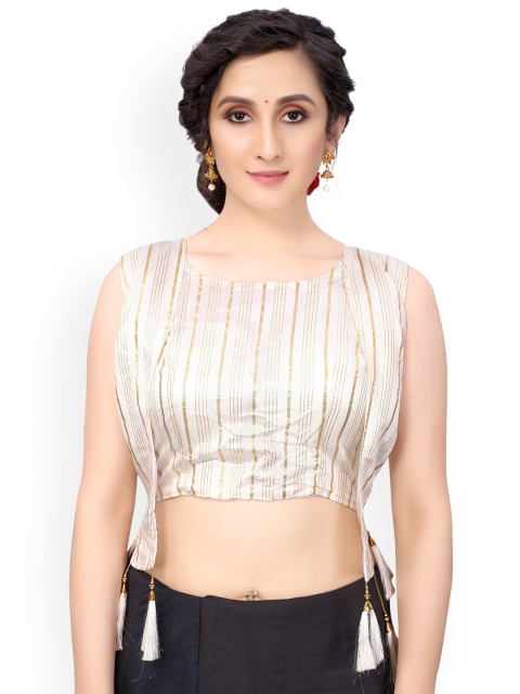 

Nimayaa White & Gold-Coloured Printed Readymade Saree Blouse