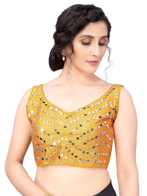 

Nimayaa Women Mustard Yellow & Gold-Coloured Embroidered Readymade Saree Blouse