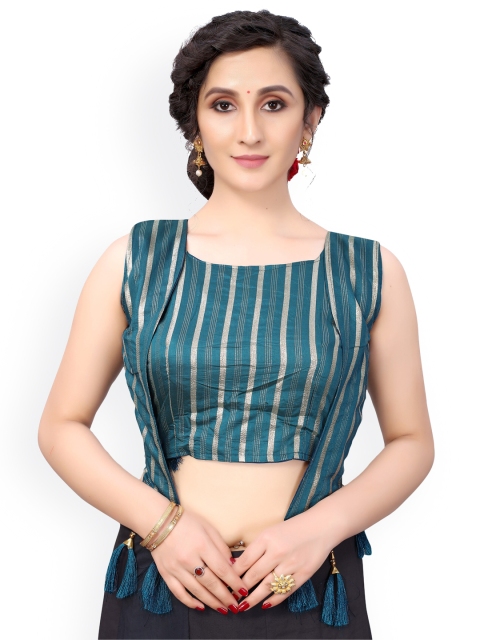 

Nimayaa Teal Blue & Gold-Coloured Printed Readymade Saree Blouse