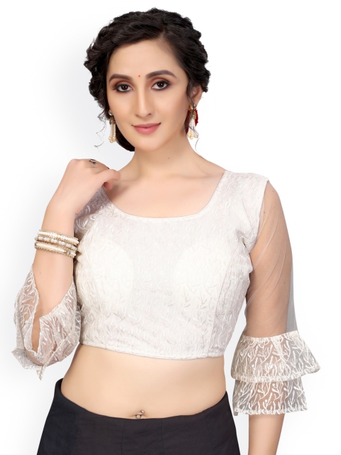 

Nimayaa White Embroidered Net Readymade Padded Saree Blouse