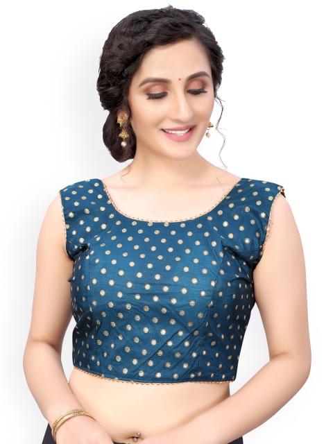 

Nimayaa Teal Blue & Gold-Coloured Printed Readymade Saree Blouse
