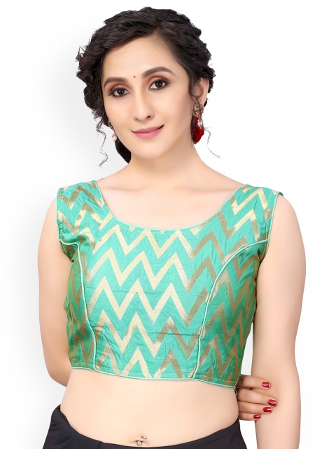 

Nimayaa Sea Green & Gold-Coloured Chevron Printed Padded Readymade Saree Blouse
