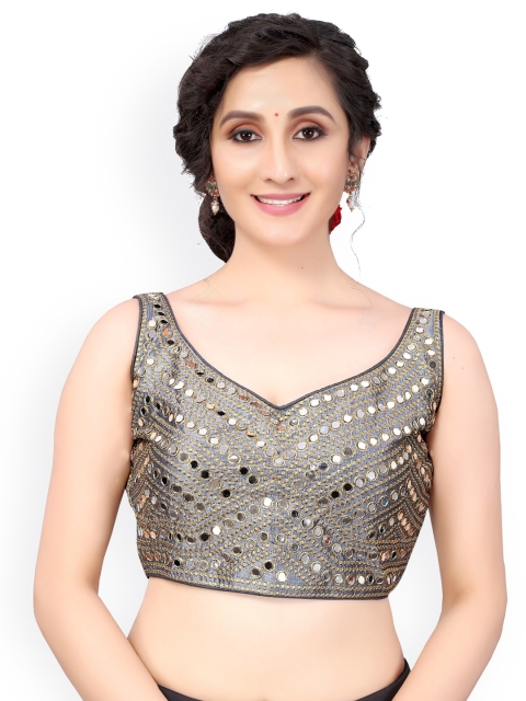 

Nimayaa Grey & Golden Embroidered Mirror Work Padded Silk Blend Saree Blouse