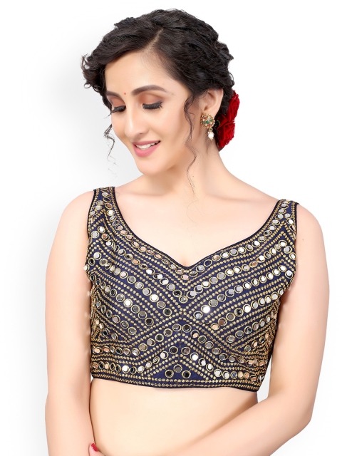 

Nimayaa Navy Blue & Gold-Coloured Embroidered Readymade Saree Blouse