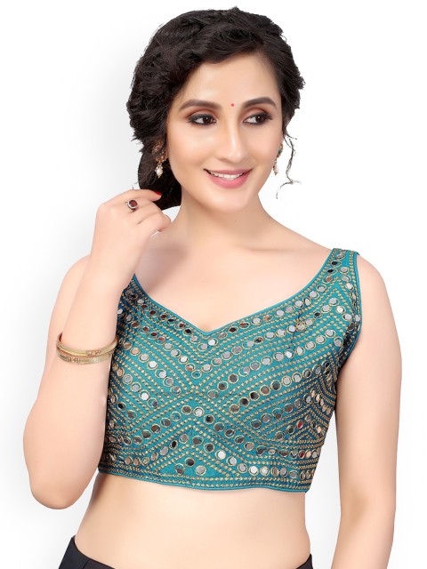 

Nimayaa Blue & Gold-Coloured Embroidered Readymade Saree Blouse