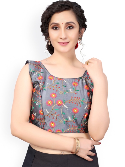 

Nimayaa Grey & Pink Floral Embroidered Padded Silk Blend Saree Blouse