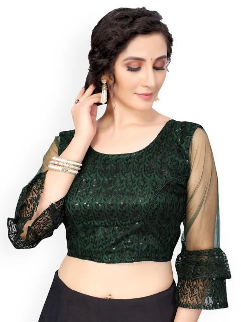 

Nimayaa Women Green Embroidered Net #/4 Sleeve Padded Readymade Saree Blouse