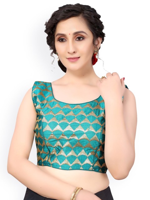 

Nimayaa Teal Blue & Gold-Coloured Embroidered Readymade Saree Blouse