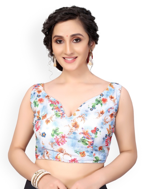 

Nimayaa White & Blue Floral Printed Readymade Padded Saree Blouse