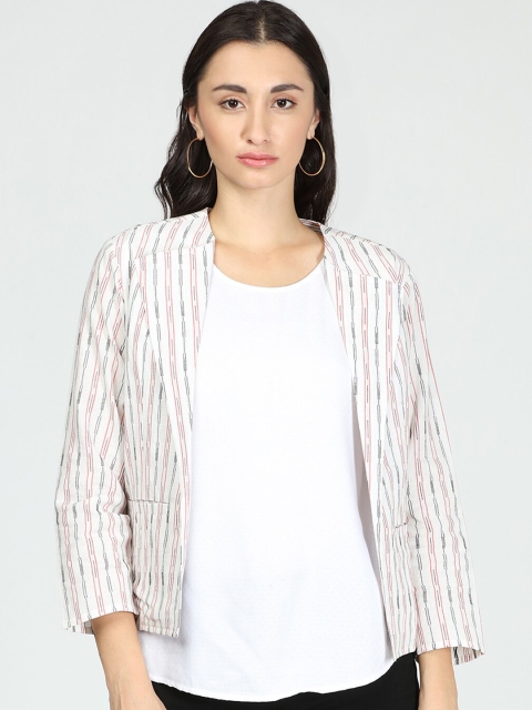 

IDK Women White Striped Crop Cotton Open Front Jacket