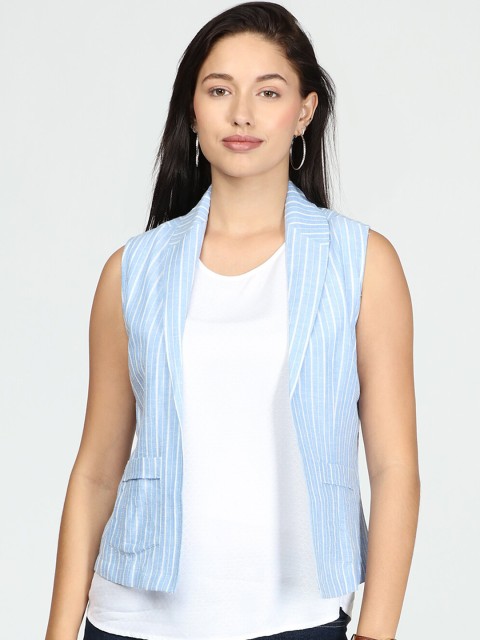 

IDK Women Blue Striped Crop Tailored Jacket