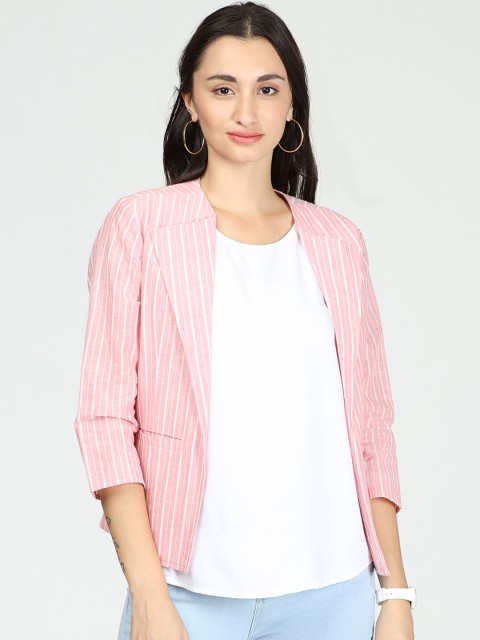 

IDK Women Pink White Floral Striped Open Front Jacket