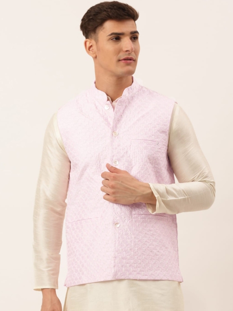

Jompers Men Pink & White Woven Design Nehru Jacket