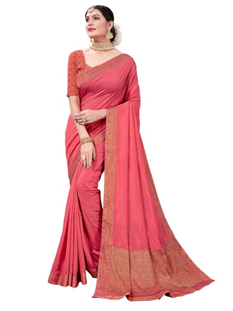 

UNITED LIBERTY Pink & Gold-Toned Woven Design Art Silk Block Print Saree