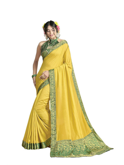 

UNITED LIBERTY Yellow & Green Woven Design Art Silk Block Print Saree
