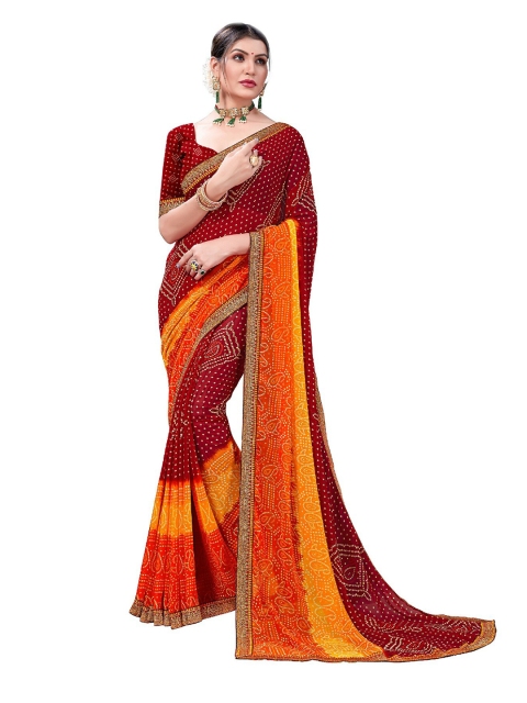 

UNITED LIBERTY Maroon & Orange Bandhani Zari Saree