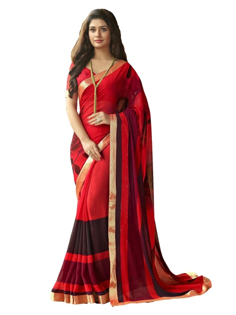 

UNITED LIBERTY Red & Gold-Toned Floral Block Print Saree