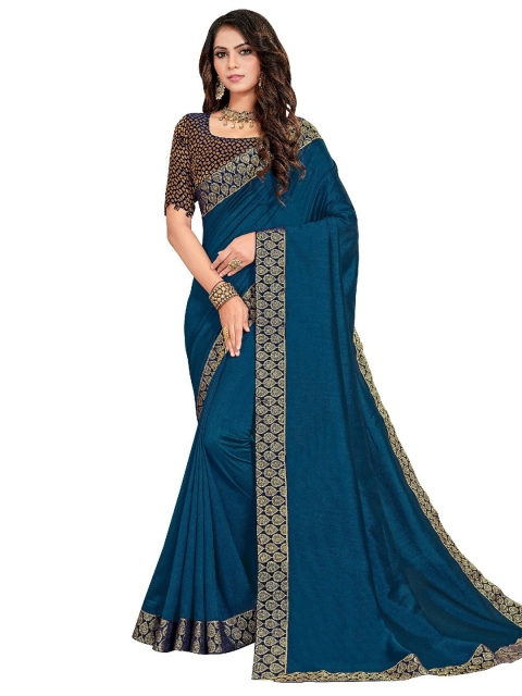 

UNITED LIBERTY Teal & Navy Blue Ethnic Motifs Zari Art Silk Block Print Saree