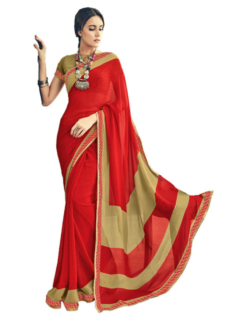 

UNITED LIBERTY Red & Beige Saree