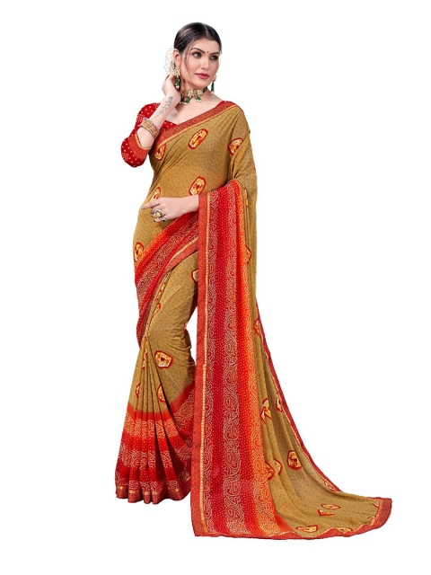 

UNITED LIBERTY Brown & Red Bandhani Block Print Saree