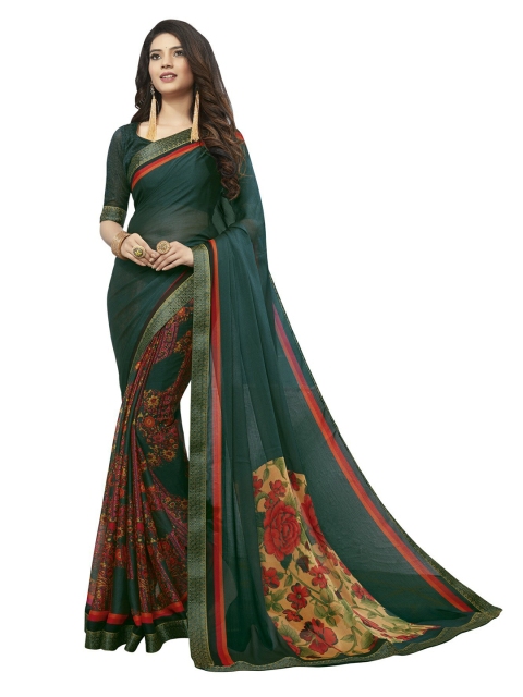 

UNITED LIBERTY Turquoise Blue & Red Ethnic Motifs Zari Art Silk Block Print Saree