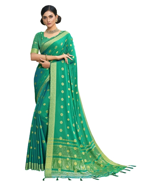 

UNITED LIBERTY Green Woven Design Art Silk Block Print Saree