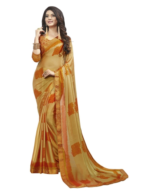 

UNITED LIBERTY Yellow & Orange Ethnic Motifs Zari Art Silk Block Print Saree
