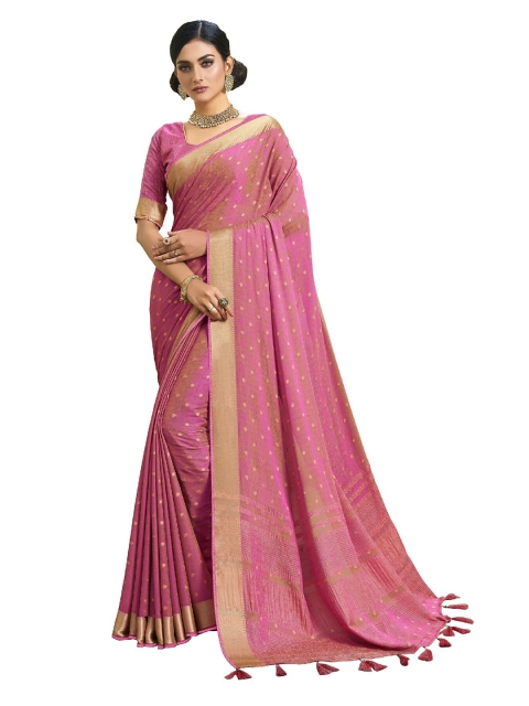 

UNITED LIBERTY Pink & Gold-Toned Woven Design Zari Art Silk Block Print Saree