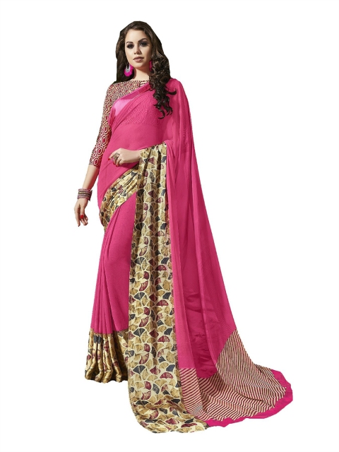 

UNITED LIBERTY Pink & Beige Art Silk Block Print Saree