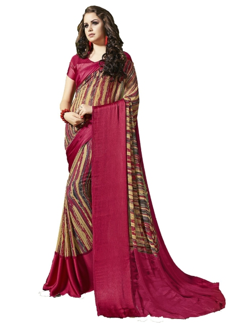 

UNITED LIBERTY Maroon & Beige Art Silk Block Print Saree