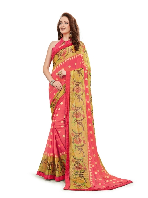 

UNITED LIBERTY Pink & Mustard Yellow Art Silk Block Print Saree