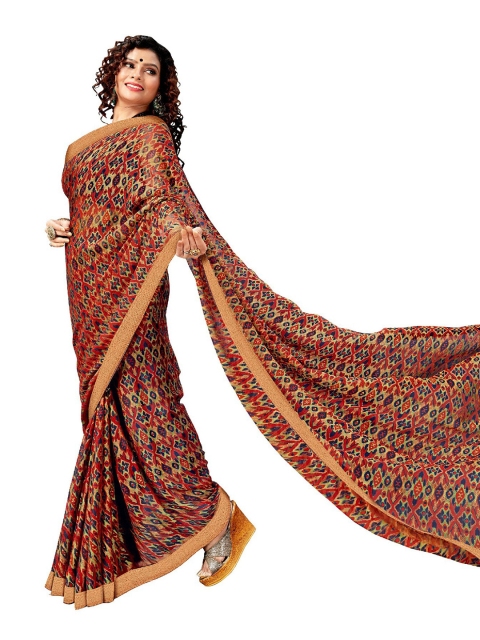 

UNITED LIBERTY Red & Green Printed Art Silk Block Print Saree